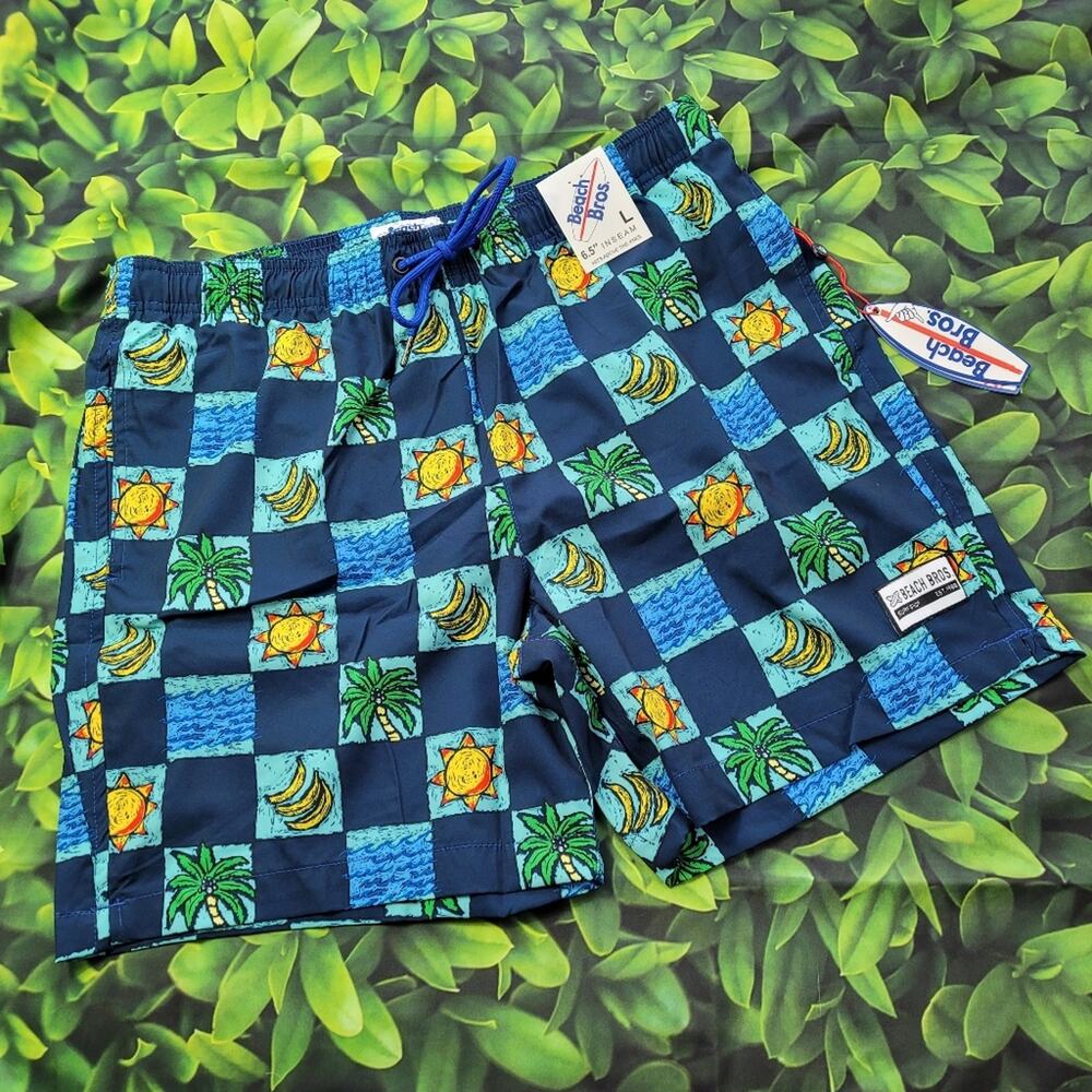 NWT Beach Bros Navy Bongo Tree 4-Way Stretch Volley Swim Trunk size Large